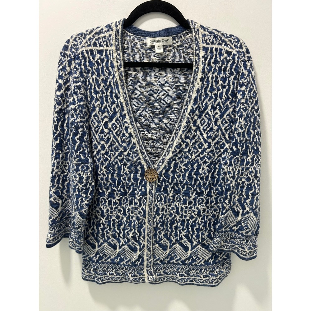 Coldwater Creek Blue White Geometric Cardigan Sweater Ramie Cotton Size M